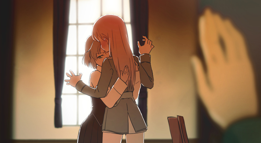 2girls, black_skirt, blush, codeyamada, eila_ilmatar_juutilainen, eyebrows_visible_through_hair, from_behind, green_eyes