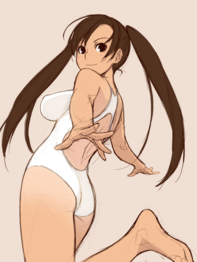barefoot, brown_eyes, brown_hair, feet, foreshortening, hands, impossible_clothes, impossible_swimsuit