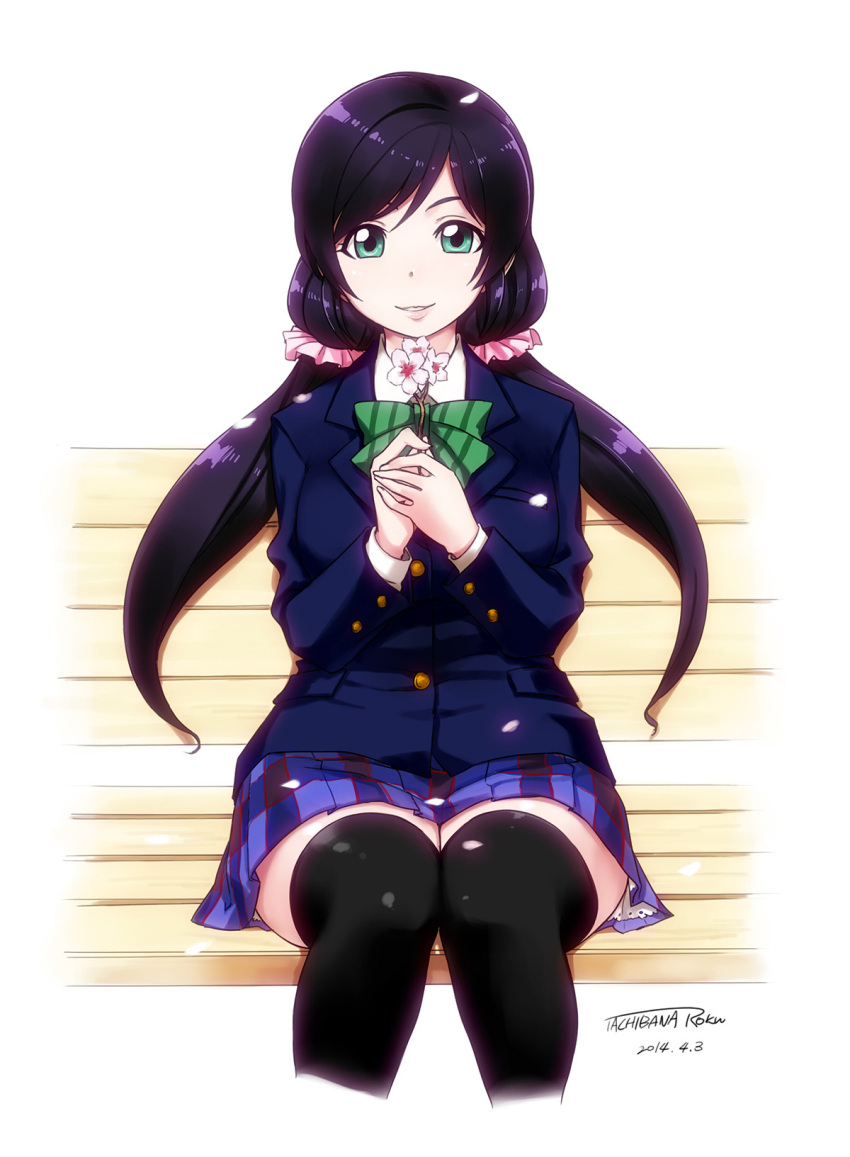 1girl, bench, black_legwear, blue_jacket, bow, bowtie, dated, flower