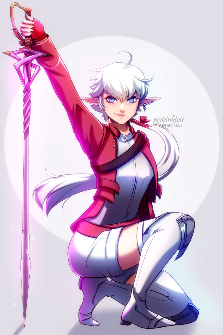1girl, absurdres, ahoge, alisaie_leveilleur, bangs, blue_eyes, boots, earrings, elezen, elf, final_fantasy, final_fantasy_xiv, fingerless_gloves, gloves, hair_between_eyes, hair_ribbon, highres, holding, holding_sword, holding_weapon, jewelry, long_hair, looking_at_viewer, one_knee, pixie_(pixieinktvis), pointy_ears, red_mage, ribbon, shorts, smile, solo, sword, thigh-highs, thigh_boots, weapon, white_hair