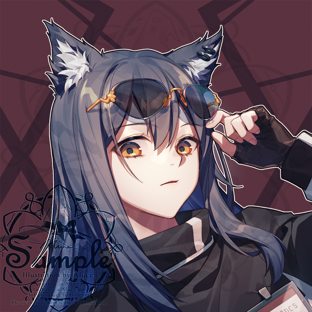 1girl, aluce, animal_ears, artist_name, black_hair, blue_hair, cat_ears, coat