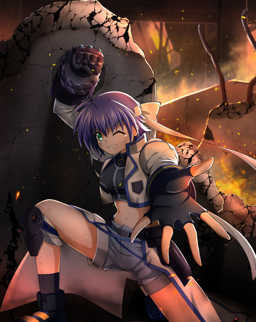1girl, bangs, black_footwear, black_legwear, black_shirt, blue_hair, breasts, commentary_request
