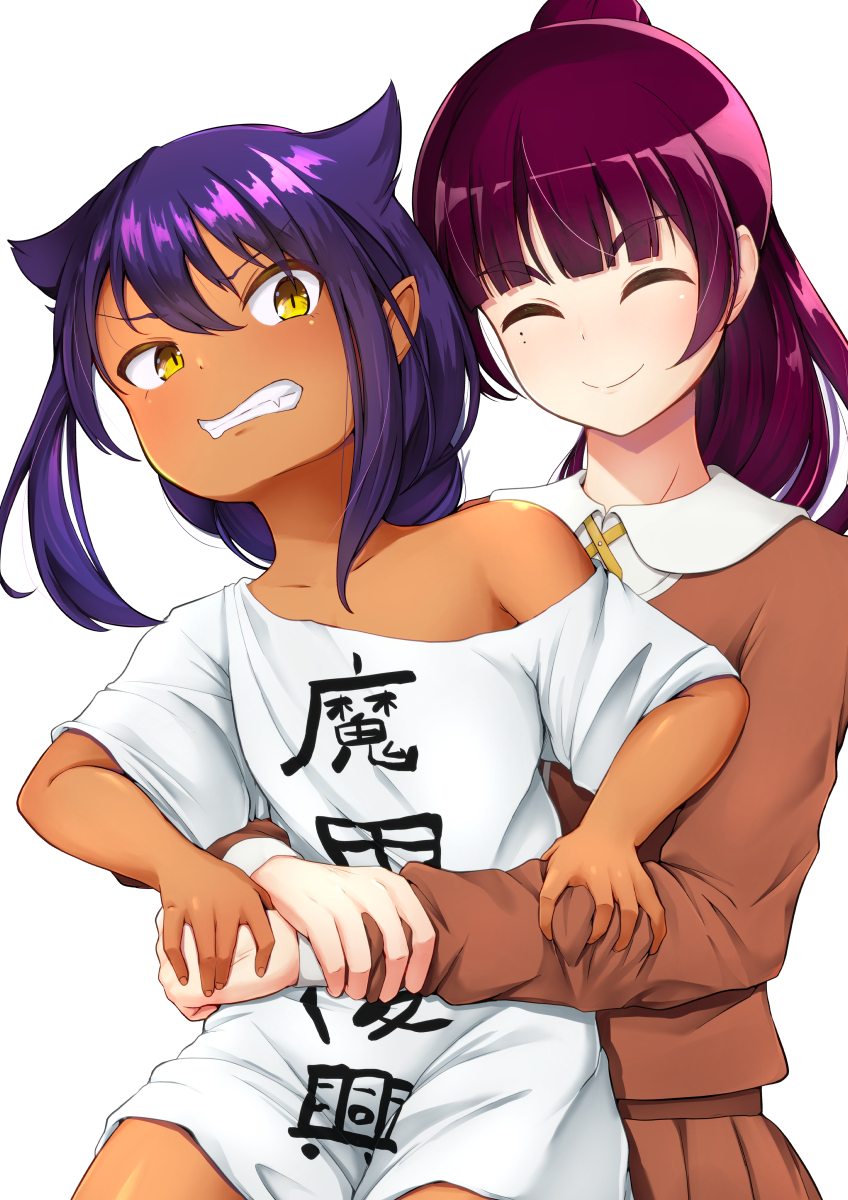 2girls, black_hair, blush, clenched_teeth, closed_mouth, collarbone, eyebrows_visible_through_hair, fang, highres, hug, jahy, jahy_sama_wa_kujikenai, jinguu_kyouko, long_hair, mole, mole_under_eye, multiple_girls, oshiza, ponytail, purple_hair, school_uniform, shiny, shiny_hair, shiny_skin, shirt, simple_background, smile, teeth, white_background, white_shirt, yellow_eyes, yuri