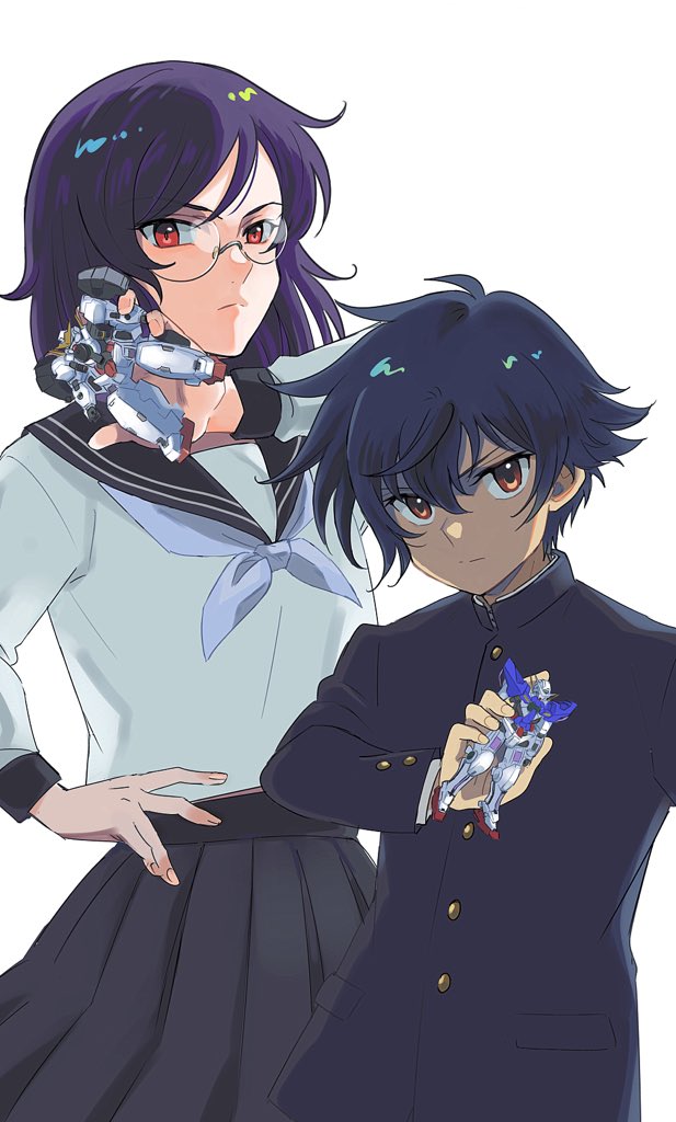 2boys, black_hair, brown_eyes, crossdressinging, glasses, gundam, gundam_00, gundam_exia