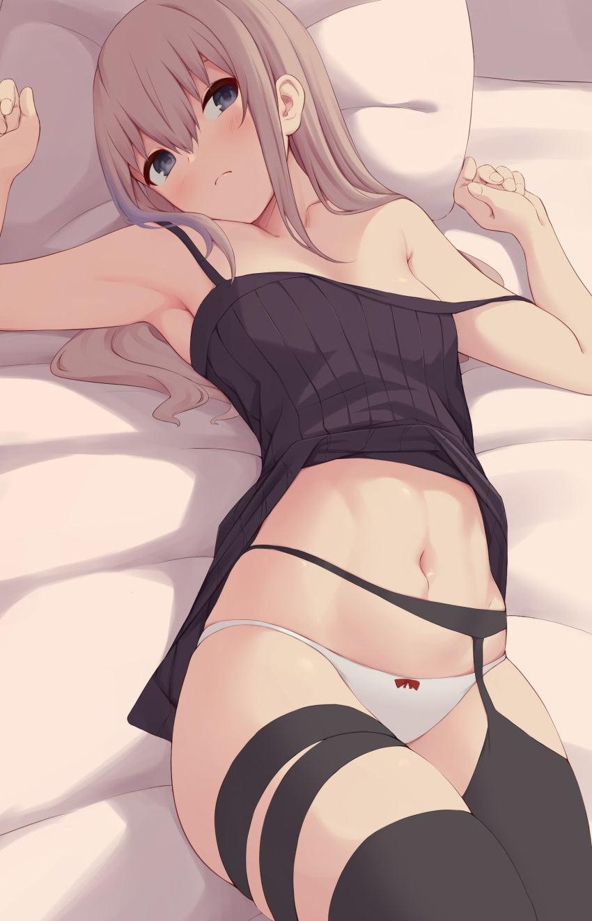 1girl, absurdres, act_(xadachit), armpits, arms_up, bangs, bare_arms, bare_shoulders, bed, bed_sheet, black_legwear, blue_eyes, bow, bow_panties, breasts, camisole, clenched_hands, collarbone, commentary, garter_belt, garter_straps, girls_frontline, hair_over_shoulder, head_tilt, highres, legs_together, long_hair, looking_at_viewer, lying, midriff, multicolored_hair, navel, off_shoulder, on_back, on_bed, panties, pillow, pink_hair, purple_hair, sidelocks, small_breasts, solo, st_ar-15_(girls_frontline), streaked_hair, thigh-highs, thigh_strap, underwear, white_panties