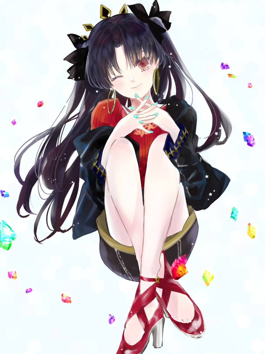 1girl, asa_(1asa-0-asa1), bangs, black_hair, black_jacket, black_skirt, blush, breasts, closed_mouth, earrings, fate/grand_order, fate_(series), gem, hair_ribbon, high_heels, highres, hoop_earrings, ishtar_(fate), ishtar_(fate)_(all), jacket, jewelry, knees_up, long_hair, long_sleeves, looking_at_viewer, medium_breasts, one_eye_closed, open_clothes, open_jacket, parted_bangs, red_eyes, red_footwear, red_shirt, ribbon, shirt, skirt, smile, solo, tiara, two_side_up, under_the_same_sky
