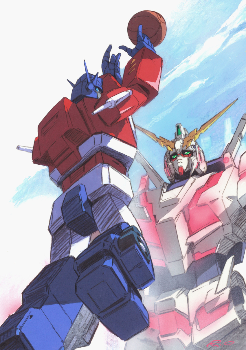 autobot, basketball, blue_eyes, crossover, green_eyes, grey_background, gundam, gundam_unicorn, highres, marble-v, mecha, mobile_suit, no_humans, nt-d, open_hands, optimus_prime, science_fiction, sky, transformers, unicorn_gundam, v-fin