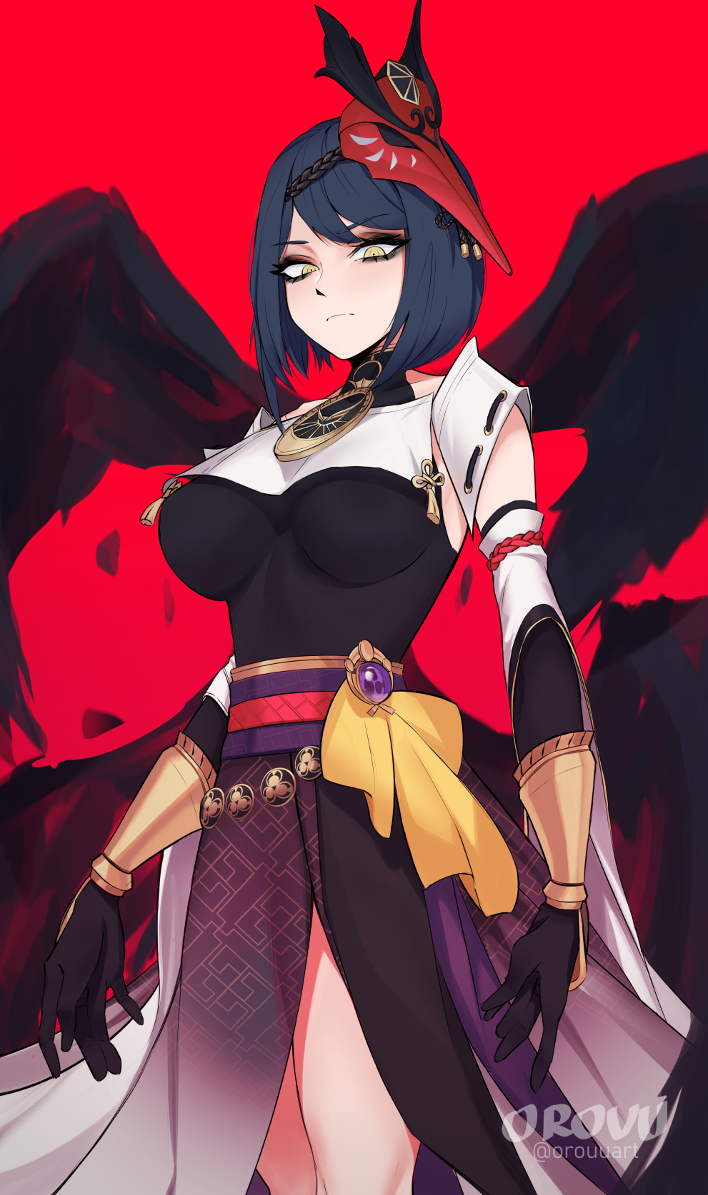 1girl, arm_guards, artist_name, bangs, black_hair, black_wings, breasts, closed_mouth, commentary, detached_sleeves, english_commentary, eyebrows_visible_through_hair, genshin_impact, gloves, highres, japanese_clothes, kujou_sara, large_breasts, looking_at_viewer, mask, mask_on_head, orouu, red_background, short_hair, simple_background, solo, tassel, tengu_mask, vision_(genshin_impact), wings, yellow_eyes