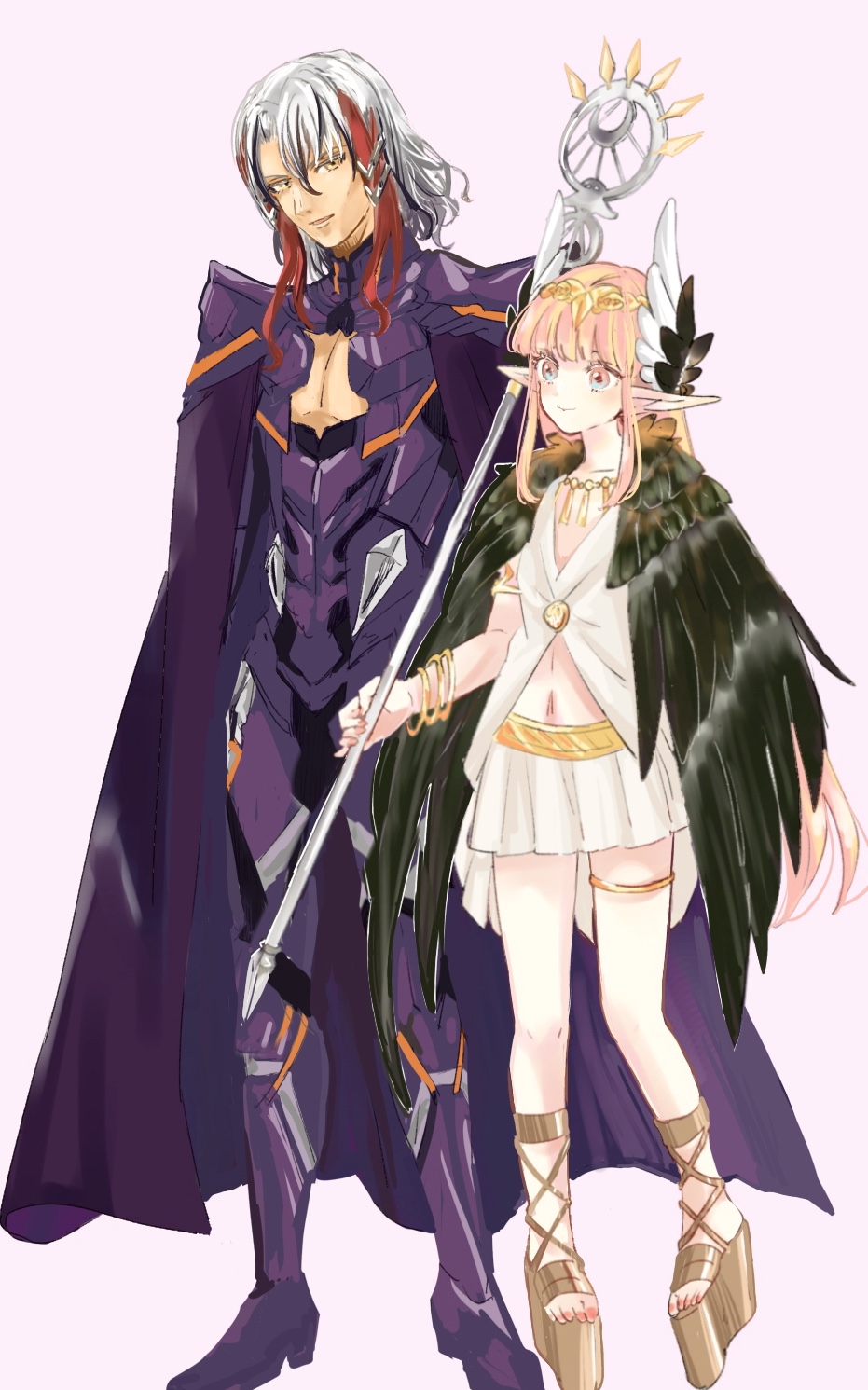 1boy, 1girl, aqua_eyes, armlet, armor, asa_(1asa-0-asa1), bangs, bare_shoulders
