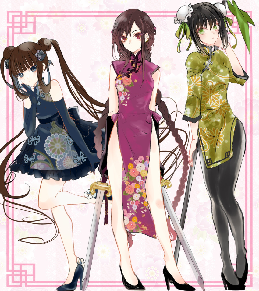 3girls, asa_(1asa-0-asa1), bangs, bare_shoulders, black_gloves, black_hair, black_legwear, blue_dress, blue_eyes, blue_gloves, blush, braid, breasts, brown_hair, bun_cover, china_dress, chinese_clothes, double_bun, dress, dual_wielding, earrings, elbow_gloves, fate/grand_order, fate_(series), floral_print, flower, full_body, gloves, green_dress, green_eyes, green_ribbon, hair_flower, hair_ornament, hair_ribbon, high_heels, highres, holding, jewelry, large_breasts, long_hair, long_sleeves, looking_at_viewer, medium_breasts, multiple_earrings, multiple_girls, pantyhose, polearm, purple_dress, qin_liangyu_(fate), red_eyes, ribbon, sidelocks, spear, sword, twin_braids, twintails, very_long_hair, weapon, yang_guifei_(fate), yu_mei-ren_(fate)