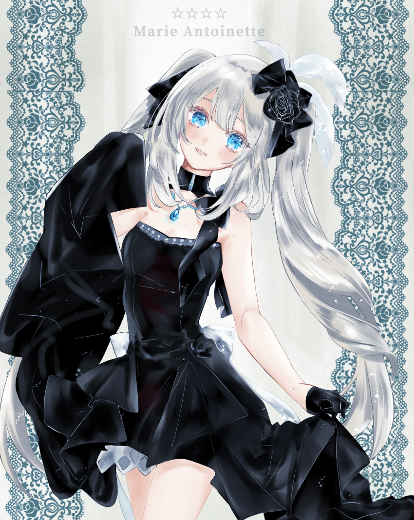 1girl, asa_(1asa-0-asa1), bangs, bare_shoulders, black_dress, black_gloves, blue_eyes, blush