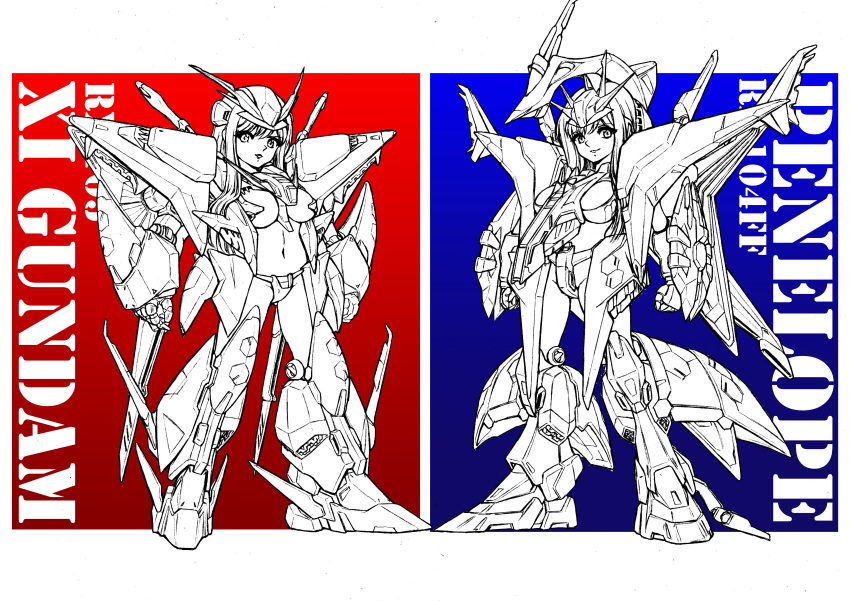 2girls, absurdres, armor, atsushi-jima_(yatterseven), bangs, blue_background, breasts, character_name