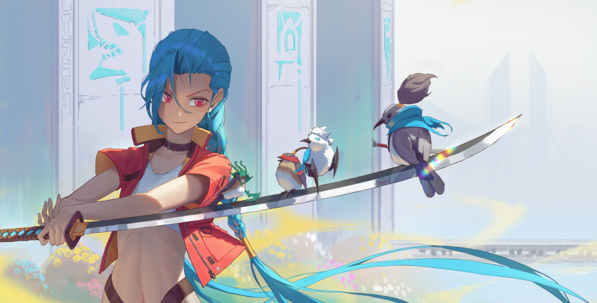 1girl, absurdres, bird, black_choker, blue_hair, braid, camille_(league_of_legends), choker