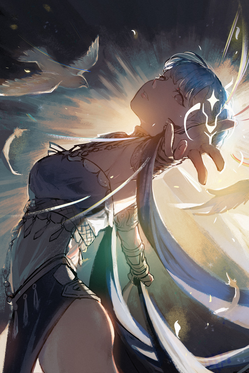 1girl, absurdres, alternate_costume, animal, armlet, bare_shoulders, bird, blue_dress