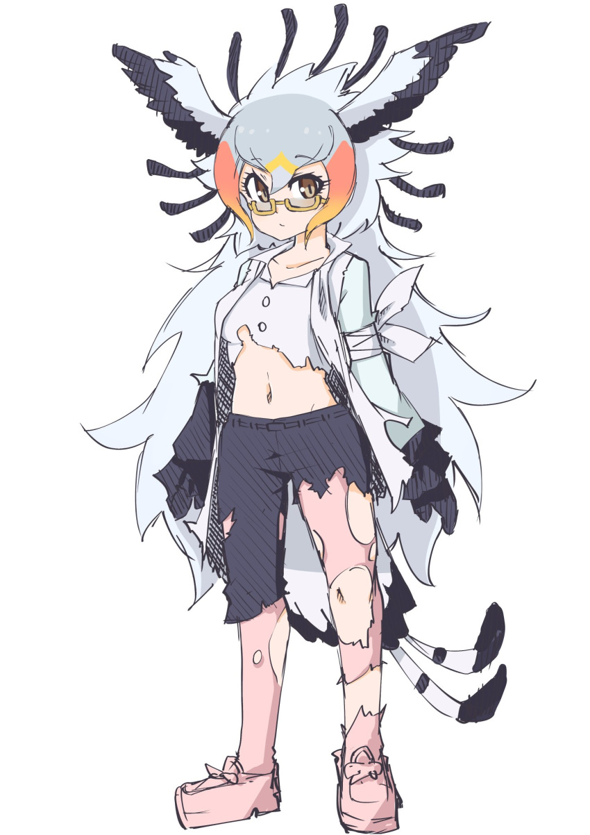 1girl, alternate_costume, bird_girl, bird_tail, bird_wings, black_gloves, black_pants, blonde_hair, brown_eyes, coat, commentary_request, darusu, eyebrows_visible_through_hair, glasses, gloves, grey_hair, hair_between_eyes, head_wings, highres, kemono_friends, long_hair, midriff, multicolored_hair, navel, orange_hair, pants, pantyhose, pink_footwear, pink_legwear, secretarybird_(kemono_friends), semi-rimless_eyewear, shirt, solo, survival_friends, tail, torn_clothes, torn_coat, torn_legwear, torn_pants, torn_shirt, white_coat, white_hair, white_shirt, wings