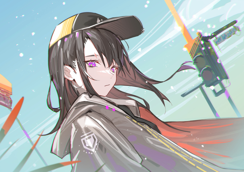 1girl, absurdres, bask, black_headwear, blue_hair, brown_hair, chromatic_aberration, closed_mouth, dutch_angle, expressionless, grey_jacket, highres, jacket, krin, leaf, light_particles, long_hair, looking_at_viewer, original, pink_eyes, scar_through_eyebrow, solo, traffic_light, two-tone_headwear, upper_body, yellow_headwear, yellow_pupils
