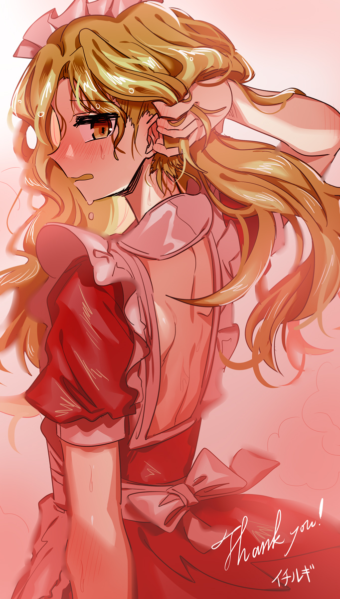 1girl, aqua_eyes, arm_up, asuku_(69-1-31), back, bare_back, blonde_hair, blush