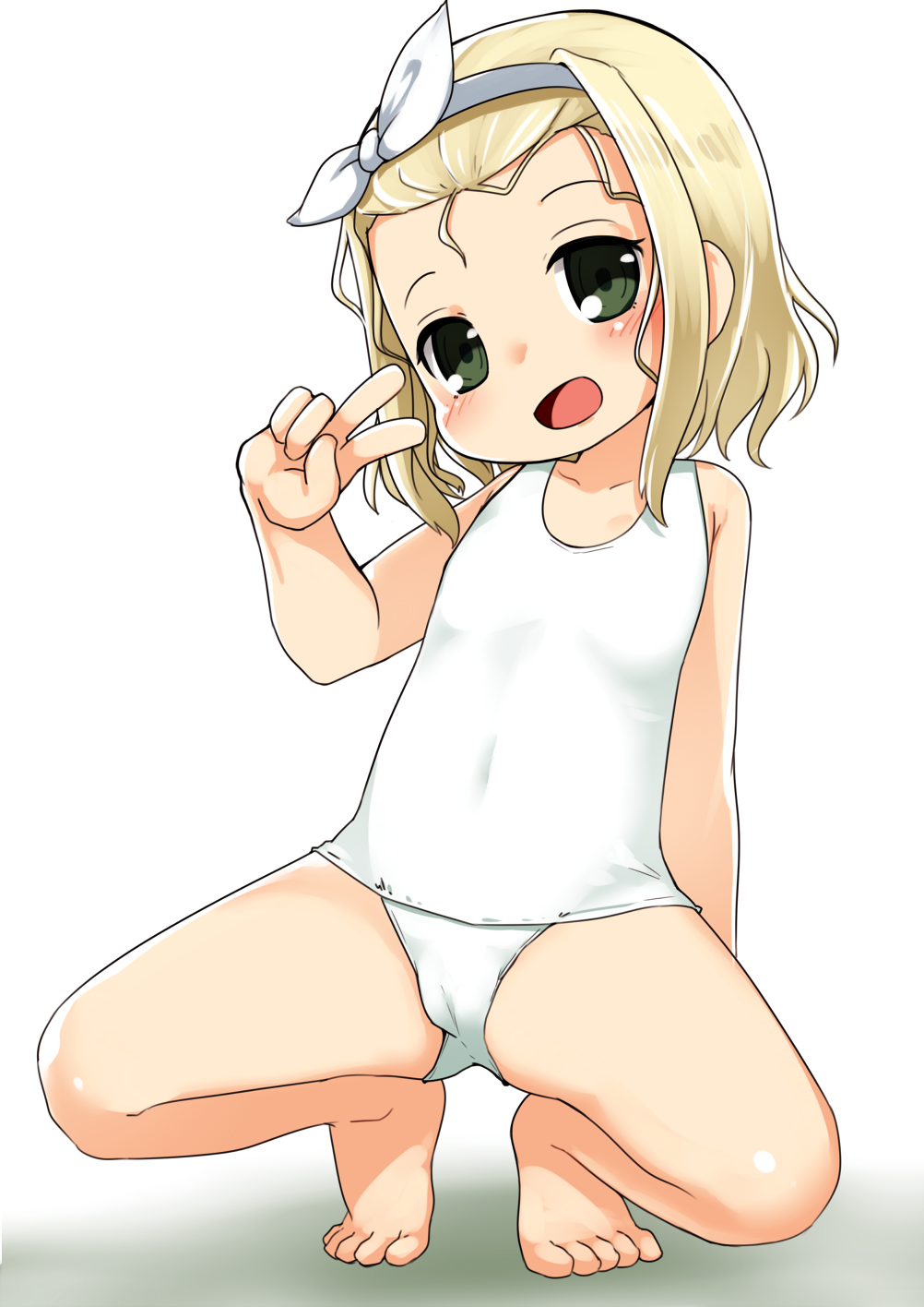 1girl, blonde_hair, commentary_request, flat_chest, forehead, green_eyes, hairband, highres