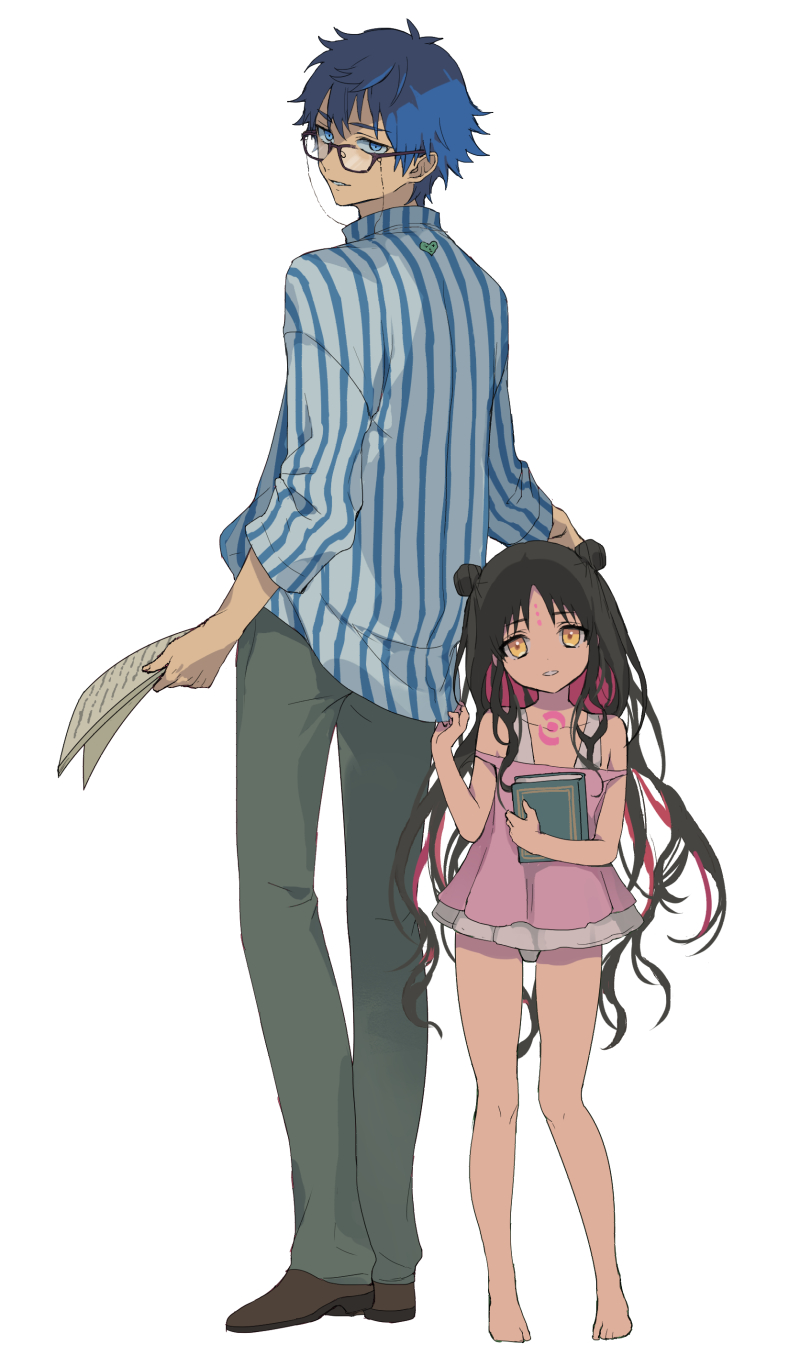 1boy, 1girl, bangs, bare_shoulders, black_hair, blue_eyes, blue_hair, blue_shirt, breasts, chest_tattoo, collared_shirt, double_bun, dress_swimsuit, facial_mark, fate/grand_order, fate_(series), forehead_mark, full_body, glasses, green_pants, hans_christian_andersen_(adult)_(fate), hans_christian_andersen_(fate), highres, long_hair, long_sleeves, looking_at_viewer, multicolored_hair, older, pants, paper, parted_bangs, pink_hair, pink_swimsuit, sesshouin_kiara, sesshouin_kiara_(lily), shirt, short_hair, small_breasts, smile, streaked_hair, striped, striped_shirt, swimsuit, tattoo, vertical-striped_shirt, vertical_stripes, very_long_hair, vivi_(eve_no_hakoniwa), wavy_hair, yellow_eyes, younger