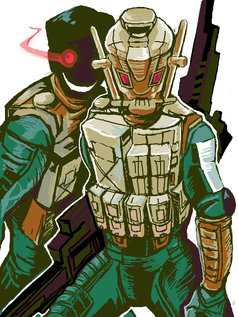 armor, doppelganger, glowing_eyes, grin, gun, mask, protagonist_(shin_megami_tensei_strange_journey), red_eyes, shin_megami_tensei, shin_megami_tensei_strange_journey