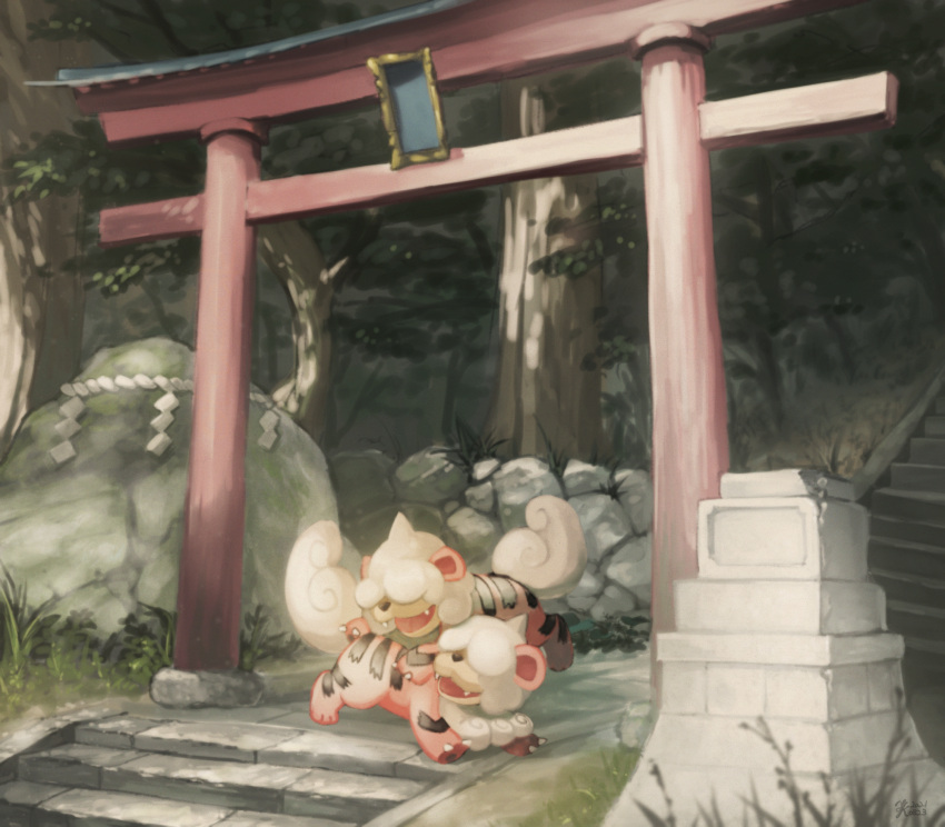 arch, claws, commentary_request, day, fangs, highres, hisuian_form, hisuian_growlithe