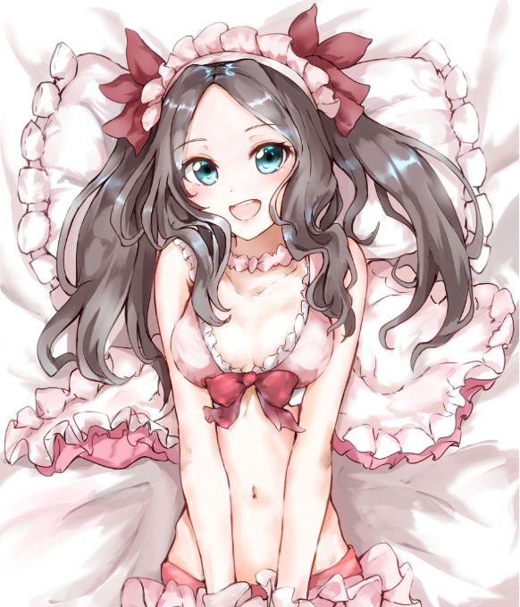 1girl, babydoll, bangs, blue_eyes, blush, bra, breasts, brown_hair, choker, collarbone, fate/grand_order, fate_(series), forehead, hair_ribbon, leonardo_da_vinci_(fate), leonardo_da_vinci_(rider)_(fate), long_hair, looking_at_viewer, navel, open_mouth, parted_bangs, pillow, pink_bra, red_ribbon, ribbon, sasai_tuki, sidelocks, small_breasts, smile, solo, twintails, underwear