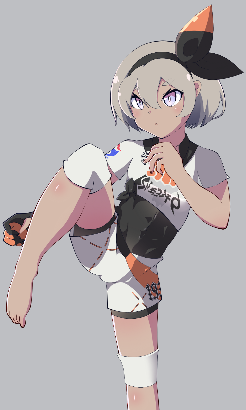 1girl, bangs, barefoot, bea_(pokemon), black_bodysuit, black_hairband, bodysuit, bodysuit_under_clothes