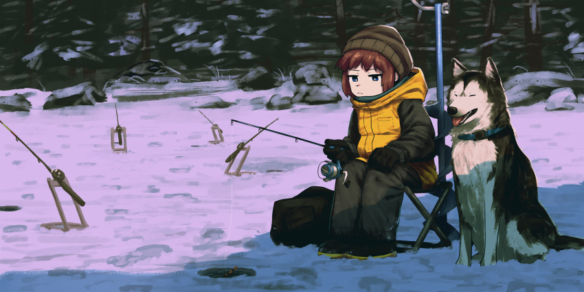 1girl, animal, aqua_collar, beanie, black_footwear, black_gloves, blue_eyes, bright_pupils