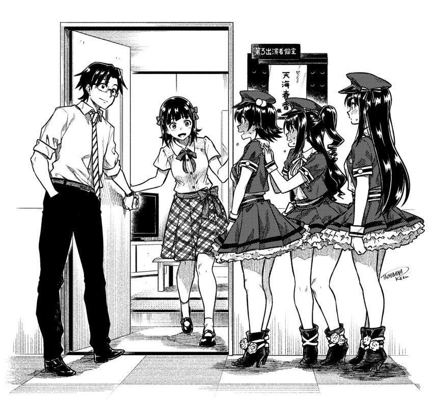 1boy, 4girls, :d, amami_haruka, ankle_boots, boots, bow, closed_mouth