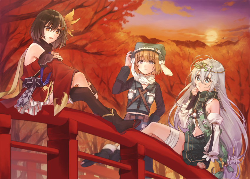 3girls, aoba_chika, autumn_leaves, bandaged_leg, bandages, bare_shoulders, black_hair, blue_eyes, bridge, detached_sleeves, dress, flower, hair_flower, hair_ornament, highres, long_hair, long_sleeves, magia_record:_mahou_shoujo_madoka_magica_gaiden, magical_girl, mahou_shoujo_madoka_magica, midriff_peek, military, military_uniform, miura_asahi, mountain, multiple_girls, natsu_ryoko, orange_hair, red_eyes, red_theme, scarf, short_hair, smile, soul_gem, sunset, tree, uniform, violet_eyes, white_hair, yukishiro_(hitsuji)