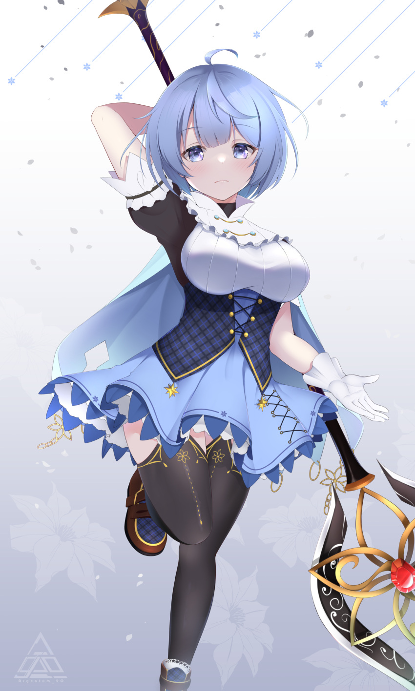 1girl, absurdres, black_legwear, blue_cape, blue_eyes, blue_hair, blue_skirt, cape