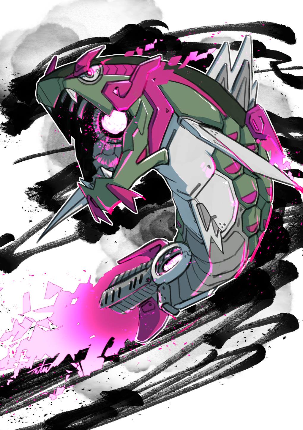 basculegion, commentary_request, energy, fangs, full_body, glowing, glowing_eyes, grey_eyes, highres, light_trail, looking_to_the_side, m_t_m, mechanization, open_mouth, pokemon, scales