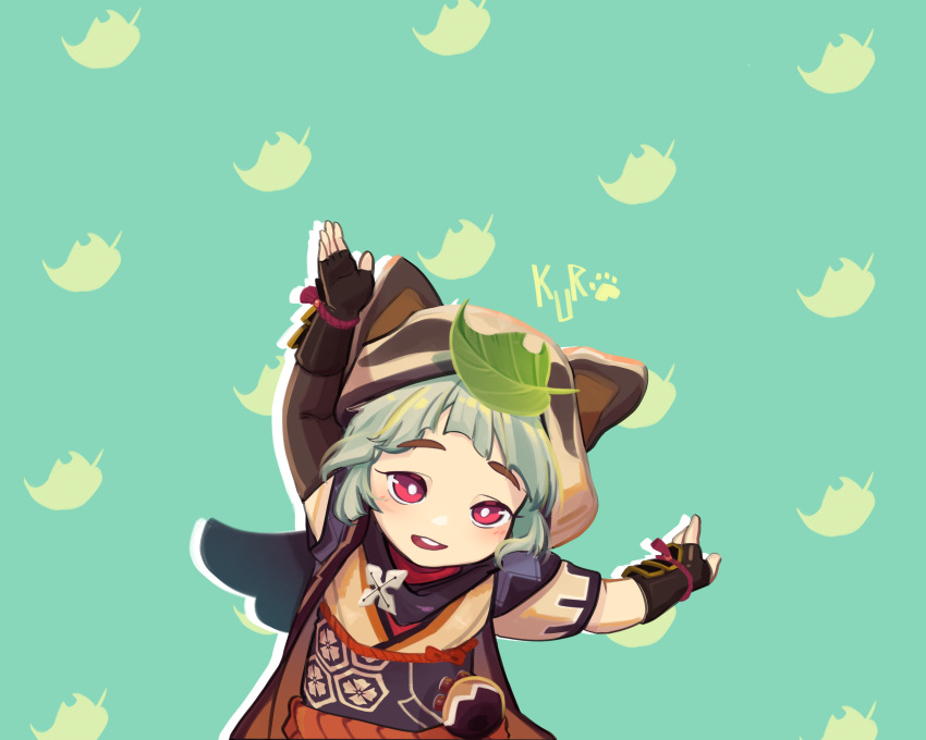 1girl, absurdres, animal_hood, aqua_background, bag, bangs, black_gloves, black_sash, black_scarf, commentary, easy_breezy, eizouken_ni_wa_te_wo_dasu_na!, elbow_gloves, english_commentary, fingerless_gloves, genshin_impact, gloves, highres, hood, hoodie, kuroqueta, leaf, leaf_on_head, light_green_hair, pink_eyes, raccoon_hood, sash, sayu_(genshin_impact), scarf, short_hair, short_sleeves, shuriken, solo, upper_body, weapon, yellow_hoodie