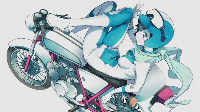 1girl, bangs, biker_clothes, bikesuit, black_hair, blue_eyes, bodysuit, boots