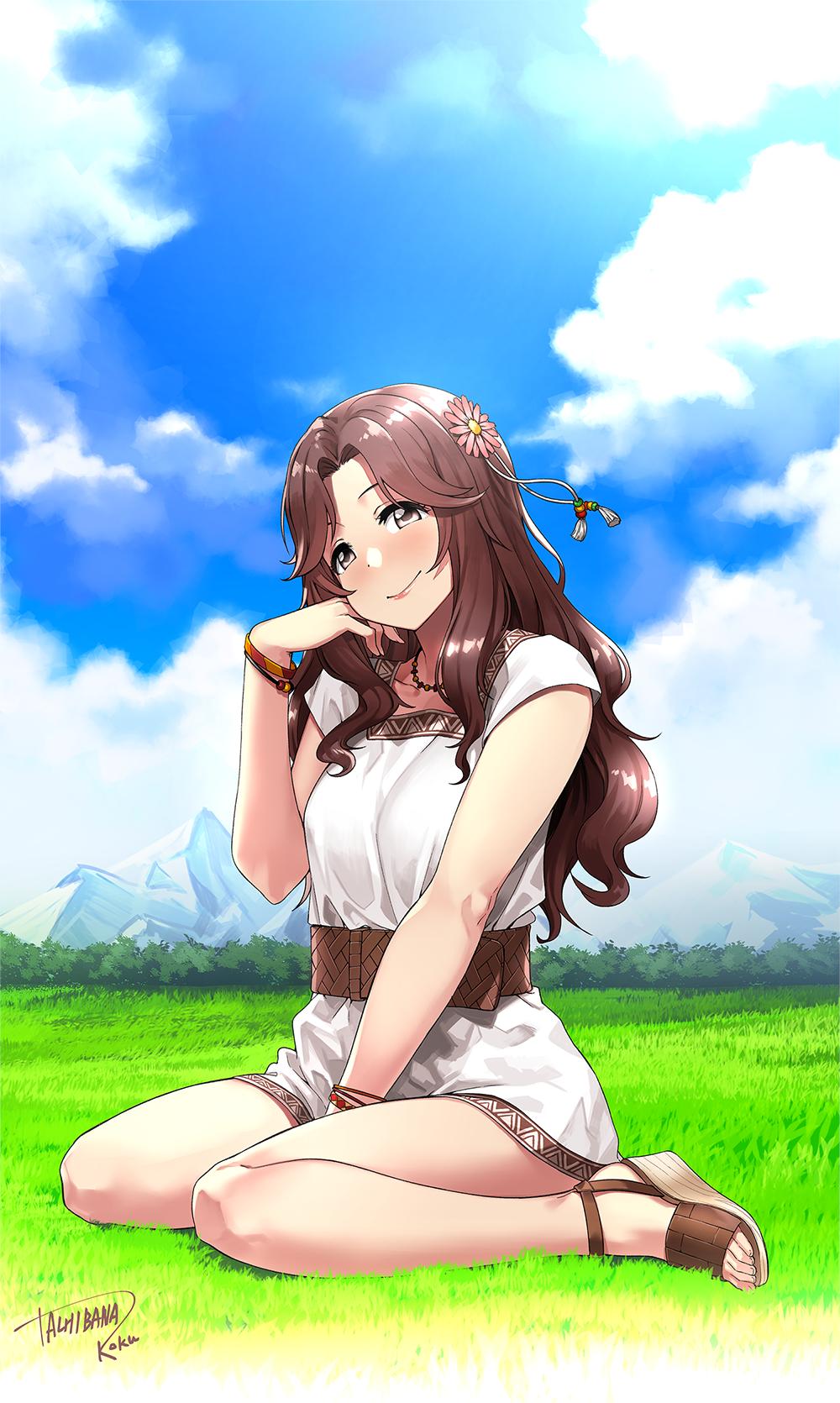 1girl, ariura_kanna, between_legs, blue_sky, blush, breasts, brown_eyes, brown_hair