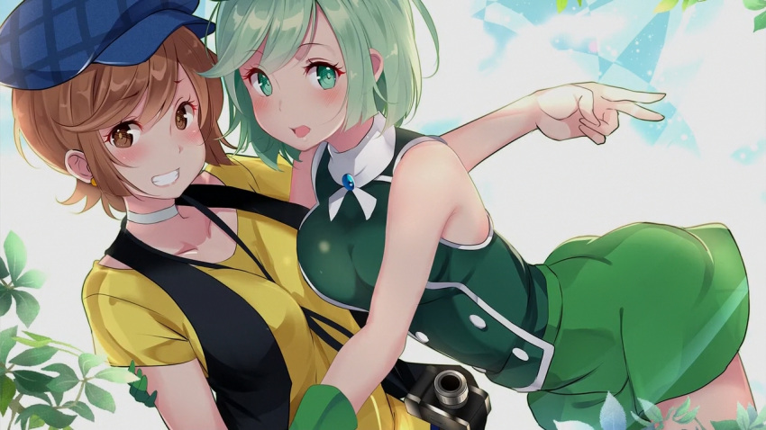 2girls, bangs, between_breasts, blouse, blush, breasts, brooch, brown_eyes, camera, choker, collarbone, cutie_honey_universe, dual_persona, earrings, eyelashes, flash_honey, gloves, green_blouse, green_eyes, green_gloves, green_hair, green_skirt, grin, hat, hug, idol_honey, jewelry, kujou_ichiso, leaf, looking_at_viewer, multiple_girls, official_art, open_mouth, outdoors, parted_bangs, raised_eyebrows, shirt, short_hair, short_sleeves, sidelocks, skirt, sleeveless_blouse, smile, strap_between_breasts, sunlight, v, yellow_shirt