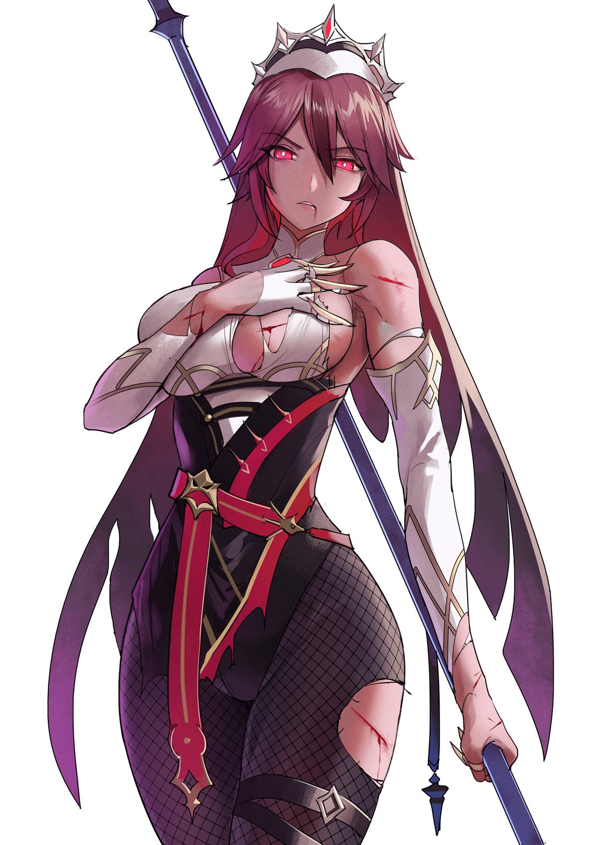 1girl, bangs, bare_shoulders, blood, blood_from_mouth, breasts, claw_ring, coif