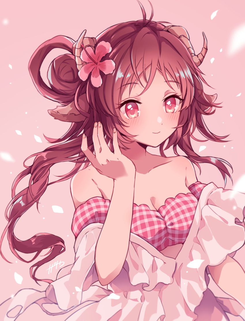 1girl, animal_ears, antenna_hair, arknights, bikini, blush, brown_hair, collarbone, eyjafjalla_(arknights), eyjafjalla_(summer_flowers)_(arknights), hand_up, highres, horns, long_hair, looking_at_viewer, nanatsuka, off-shoulder_bikini, off_shoulder, official_alternate_costume, pink_background, pink_bikini, pink_theme, raised_eyebrows, red_eyes, sarong, sheep_ears, sheep_girl, sheep_horns, smile, solo, swimsuit, tied_hair, white_sarong