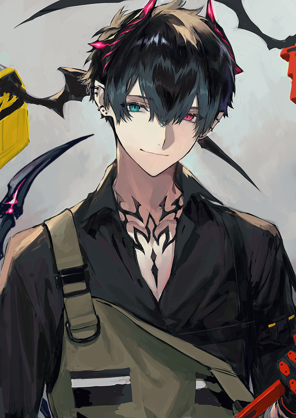 1boy, alchemy_stars, bangs, black_gloves, black_hair, black_shirt, blue_eyes, fleur_(alchemy_stars)
