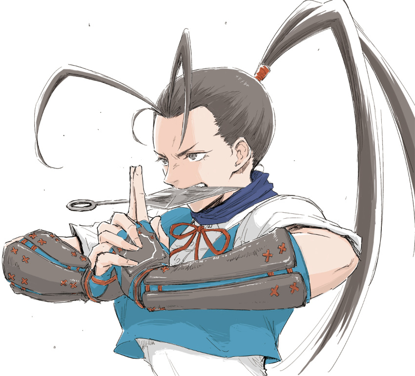 black_eyes, black_hair, blue_vest, coelacanth_(gyotaku), fingerless_gloves, gloves, ibuki_(street_fighter), index_fingers_raised, kuji-in, kunai, long_hair, own_hands_together, ponytail, shirt, short_sleeves, simple_background, street_fighter, teeth_hold, upper_body, vambraces, vest, weapon, white_background, white_shirt
