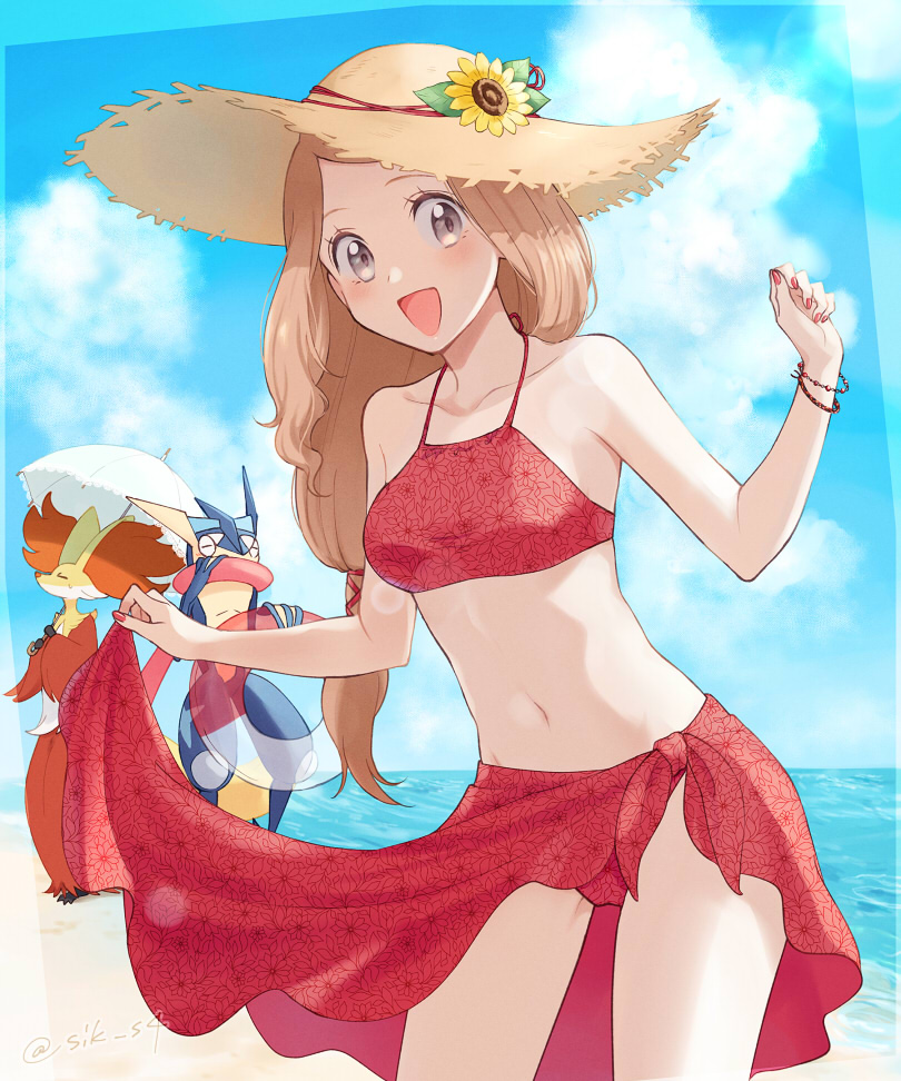 1girl, :d, alternate_costume, bracelet, clouds, collarbone, commentary_request, day