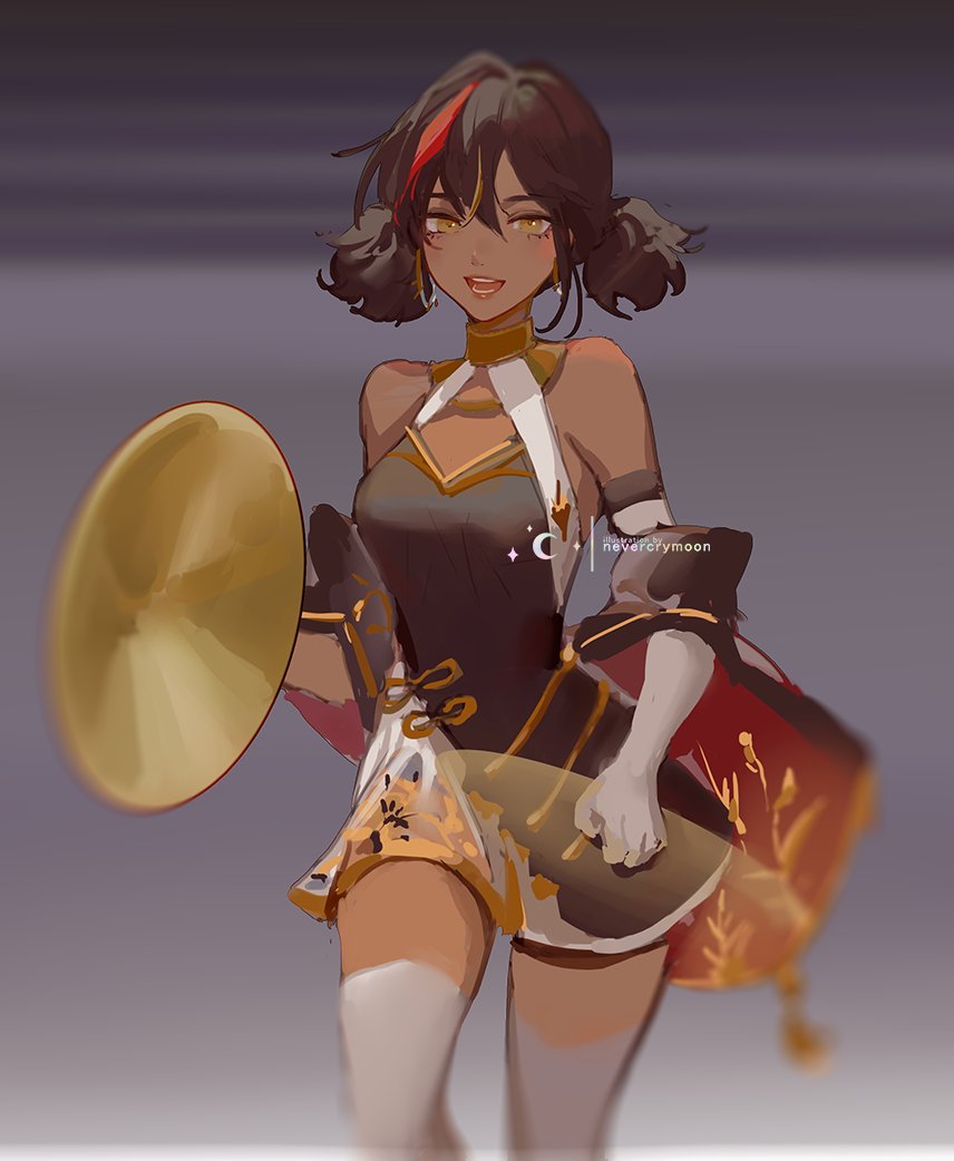 breasts, brown_hair, cowboy_shot, cymbals, dark-skinned_female, dark_skin, detached_sleeves, dress, elbow_gloves, genshin_impact, gloves, gradient, gradient_background, grey_background, holding, holding_instrument, instrument, medium_breasts, multicolored_hair, nevercrymoon, streaked_hair, thigh-highs, twintails, two_side_up, white_gloves, white_legwear, xinyan_(genshin_impact)