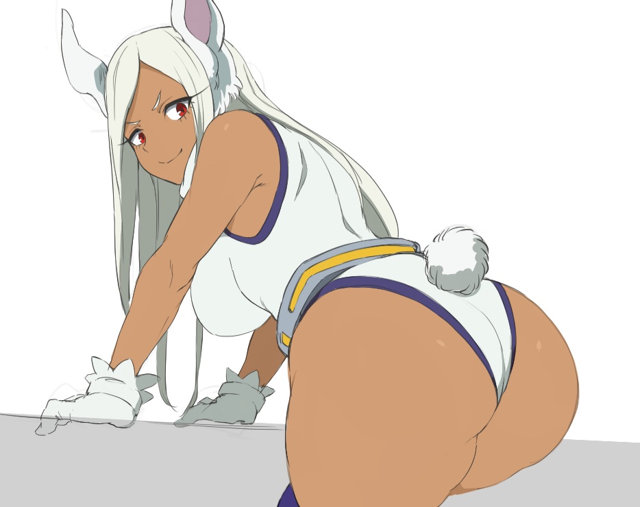 1girl, animal_ears, ass, ass_focus, boku_no_hero_academia, breasts, dark-skinned_female, dark_skin, gloves, highleg, highleg_leotard, kachobi_(user_atuh5854), large_breasts, leotard, light_smile, long_eyelashes, long_hair, looking_at_viewer, looking_back, mirko, muscular, muscular_female, rabbit_ears, rabbit_girl, rabbit_tail, red_eyes, simple_background, solo, superhero, tail, tail_through_clothes, taut_leotard, thick_thighs, thighs, toned, white_gloves, white_hair, white_leotard