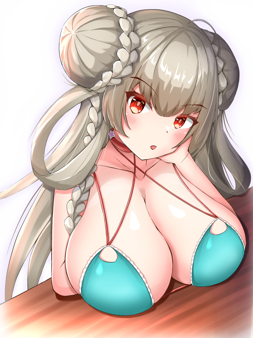 1girl, absurdres, aqua_bikini, azur_lane, bikini, braid, braided_bun, breast_rest, breasts, breasts_on_table, choker, criss-cross_halter, double_bun, eyebrows_visible_through_hair, formidable_(azur_lane), formidable_(the_lady_of_the_beach)_(azur_lane), halterneck, highres, huge_breasts, long_hair, looking_at_viewer, multi-strapped_bikini, official_alternate_costume, pink_choker, platinum_blonde_hair, red_eyes, sabato7144, simple_background, solo, swimsuit, upper_body, very_long_hair, white_background