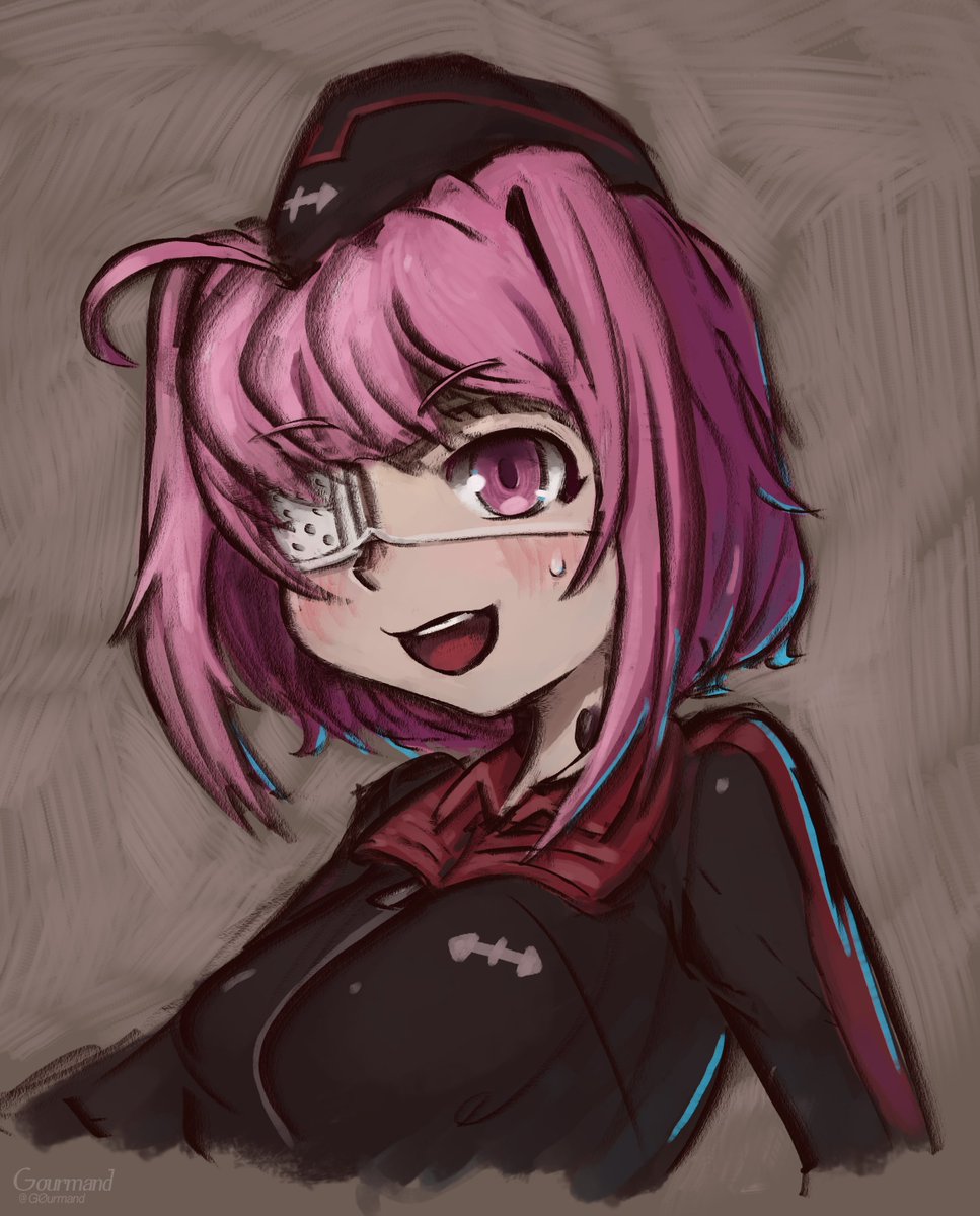 1girl, ahoge, artist_name, bauer_(girls_und_panzer), blush, cropped_arms, cropped_torso, eyepatch