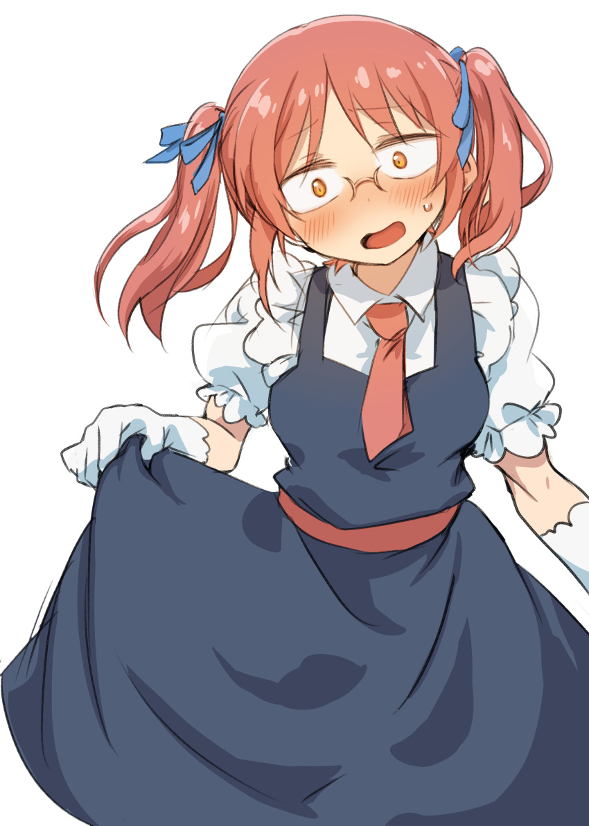 1girl, absurdres, alternate_costume, alternate_hairstyle, blue_ribbon, blush, collared_shirt, dress