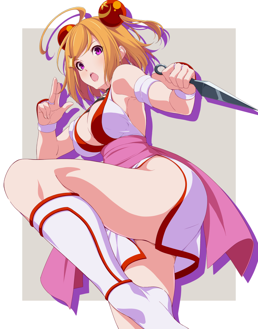 1girl, ahoge, arm_support, bangs, bob_cut, boots, border, bracer, brown_hair, commentary, double_bun, earrings, fighting_stance, grey_background, highres, holding, holding_weapon, index_finger_raised, japanese_clothes, jewelry, kimono, kunai, leg_up, looking_at_viewer, ogin_(pachislot), open_mouth, outside_border, pachislot_koumonchama_katsu, pink_sash, qwel_08, sash, side_slit, silhouette, sleeveless, sleeveless_kimono, solo, standing, standing_on_one_leg, violet_eyes, weapon, white_border, white_footwear, white_kimono, wristband