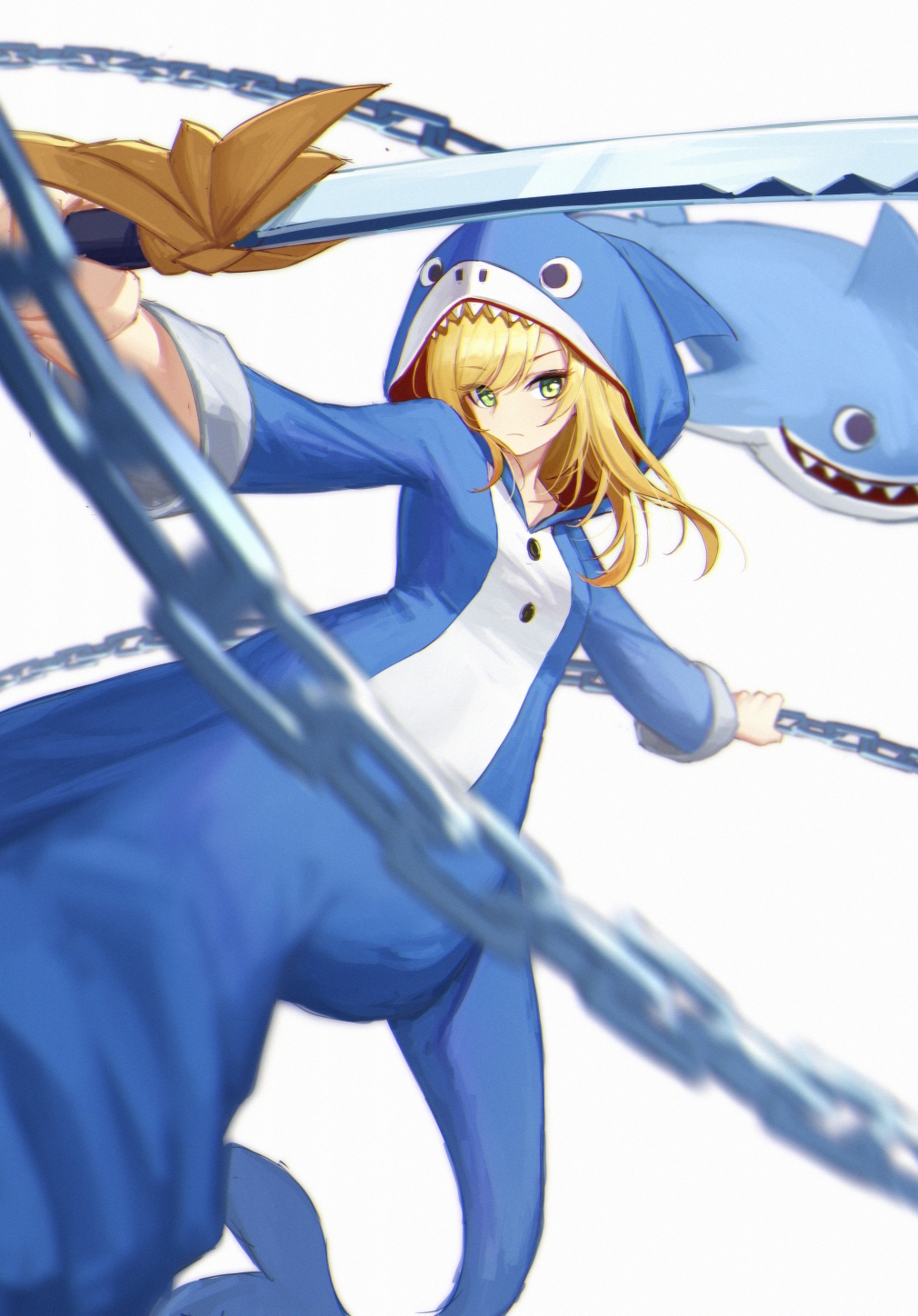 1girl, :i, animal_costume, bangs, blonde_hair, chain, closed_mouth, eyebrows_visible_through_hair
