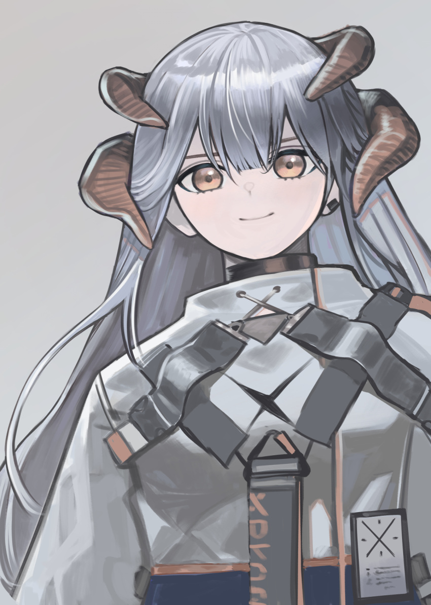1girl, arknights, black_choker, chest_strap, choker, closed_mouth, commentary_request, dragon_horns