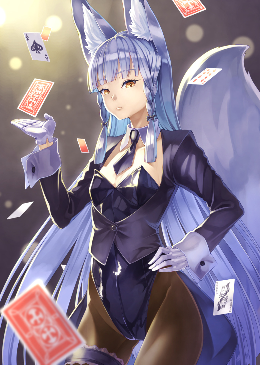 1girl, animal_ear_fluff, animal_ears, black_legwear, braid, breasts, card, detached_collar
